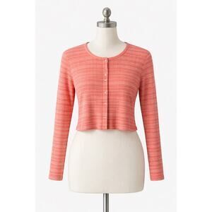 Fresh Produce Coral Stripe Ribbed Cardigan Top women’s Large Cotton Blend USA